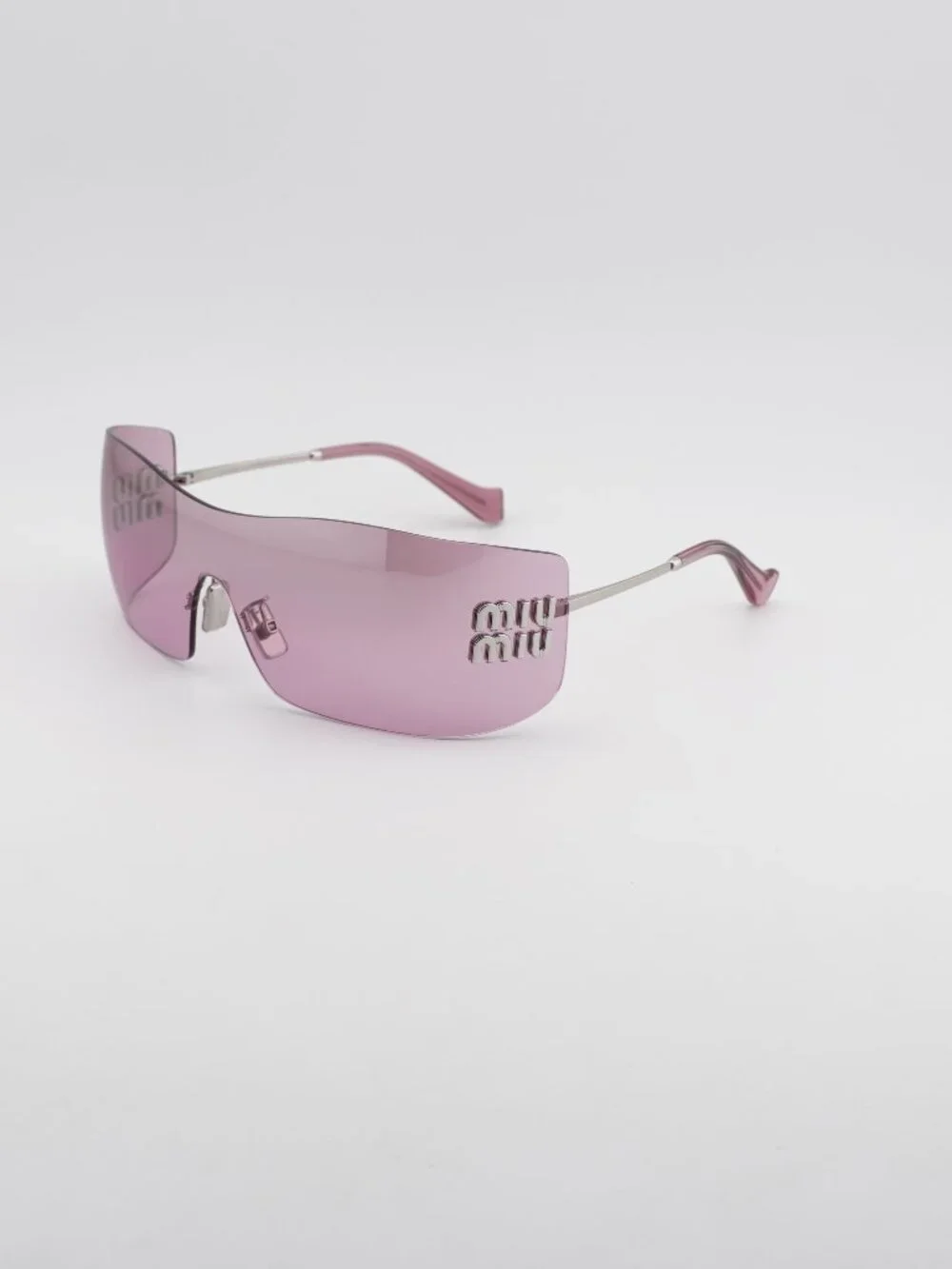 Miu Miu MUB53S 1BC70Y Sunglasses Silver Rimless Shield Frame, Pink Lenses